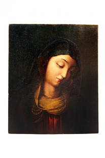 Italian Old Master Painting of Madonna: Sienna; c. 16th century. Oil on wood panel. Portrait of Madonna. Inscribed on verso with date of 1525 and remains of red wax seal. 18.5 by 13.5 in., Unframed Descended through the Brown/Slocum family.