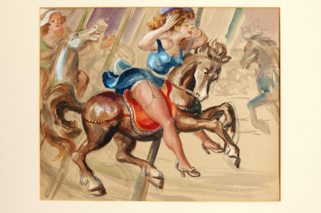 Reginald Marsh (Attributed) Watercolor: American; Reginald Marsh (1898-1954). Attributed. Watercolor on paper of a woman in blue dress on carousel. Signed lower right, Reginald Marsh. 13 3/4" by 11" (35 by 28 cm)