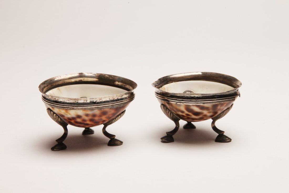 Pair of Cowrie Shell Silver Footed Salts (1 of 2)