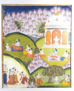 Large Indian Miniature: Rajasthan, c. early 18th century; A large and fine painting with multiple figures seated in a hilly landscape, a shrine and mountains in the background. Old tag on verso describing it as "Indian manus