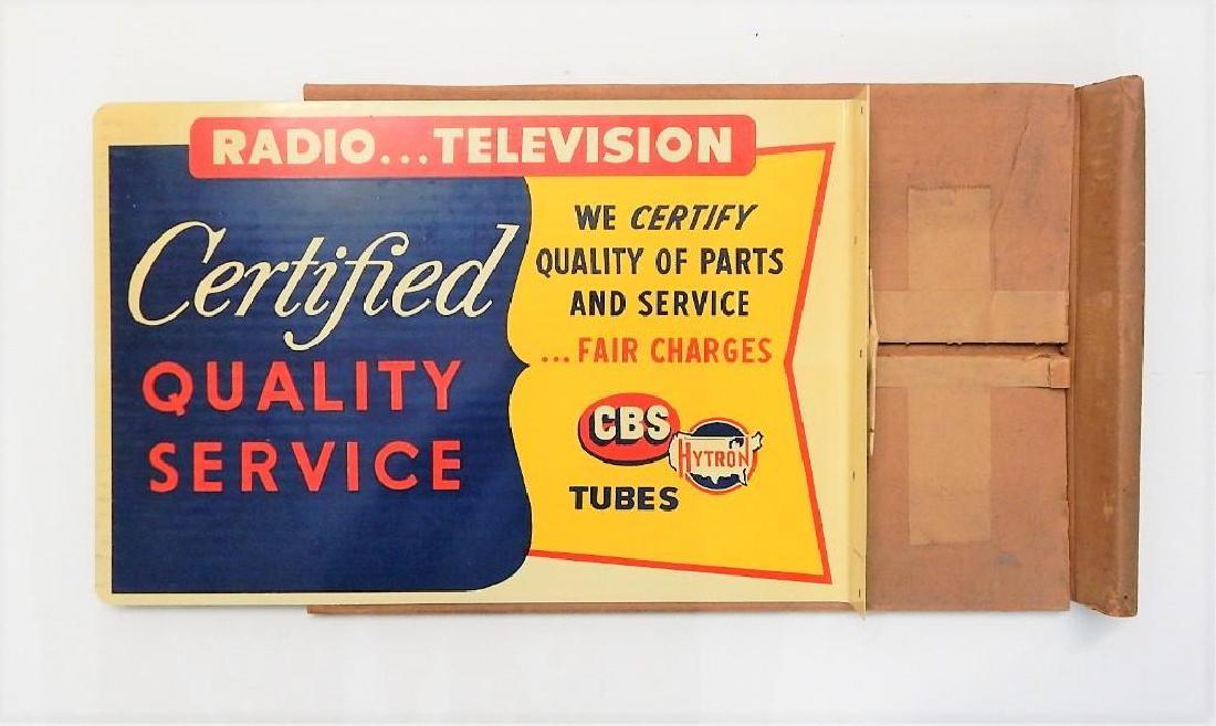 CBS Hytron Radio Tube Flange Sign: Ca. 1940's. Hytron-CBS radio television advertising flange sign in excellent unused condition with original box. Measures 19" x 12".