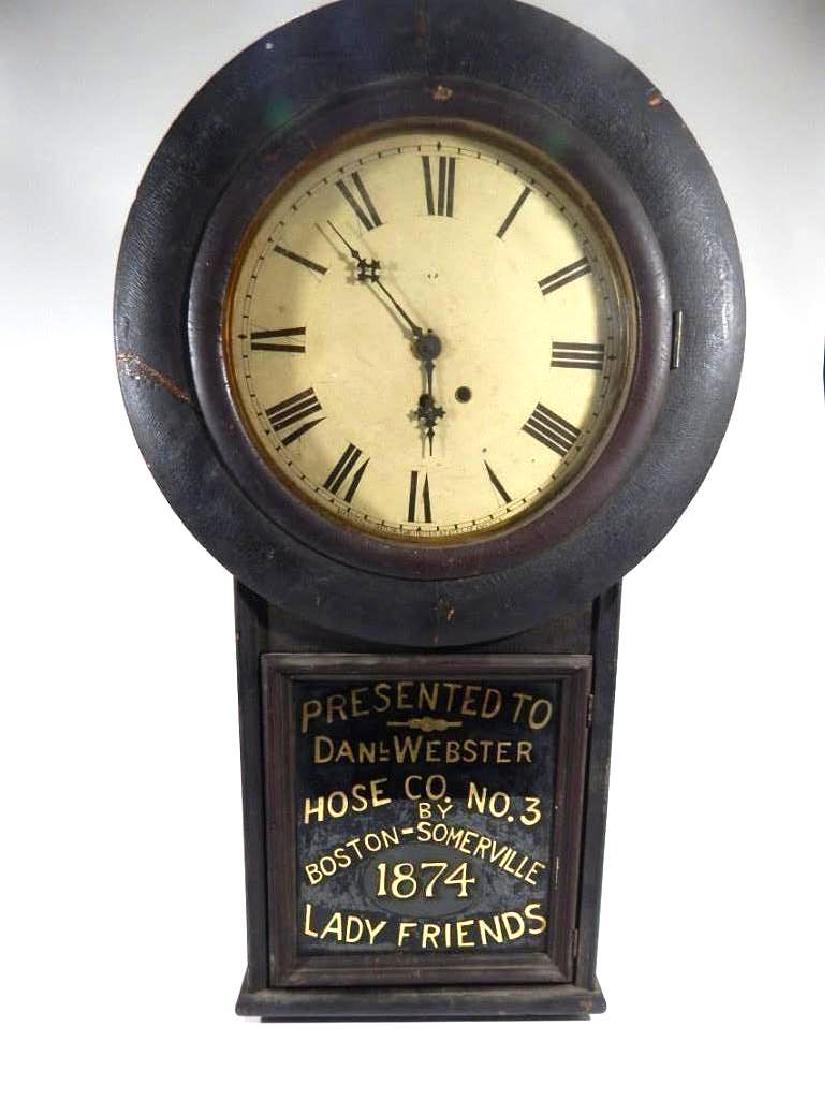Rare 1874 Daniel Webster Hose Co. #3 Fire Presentation: A rare Seth Thomas Presentation clock given to the Daniel Webster Hose Company #3 of Malden, Massachusetts from their Boston-Somerville Lady Friends, 1874. Original reverse painted glass with some sli