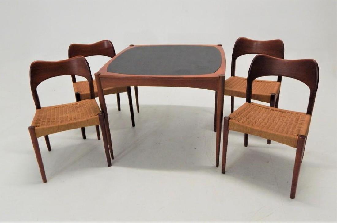 Mid-Century Selig Teak Bridge Furniture Set: Mid century modern bridge table including four chairs with woven cord seats. Table measures 36 x 28 Condition: Excellent