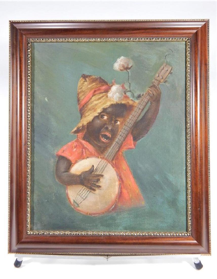 Folk Art Painting of African American Child w/ Banjo: Early 20th century, Oil on canvas painting of an African American boy with banjo, framed. 17" x 14"