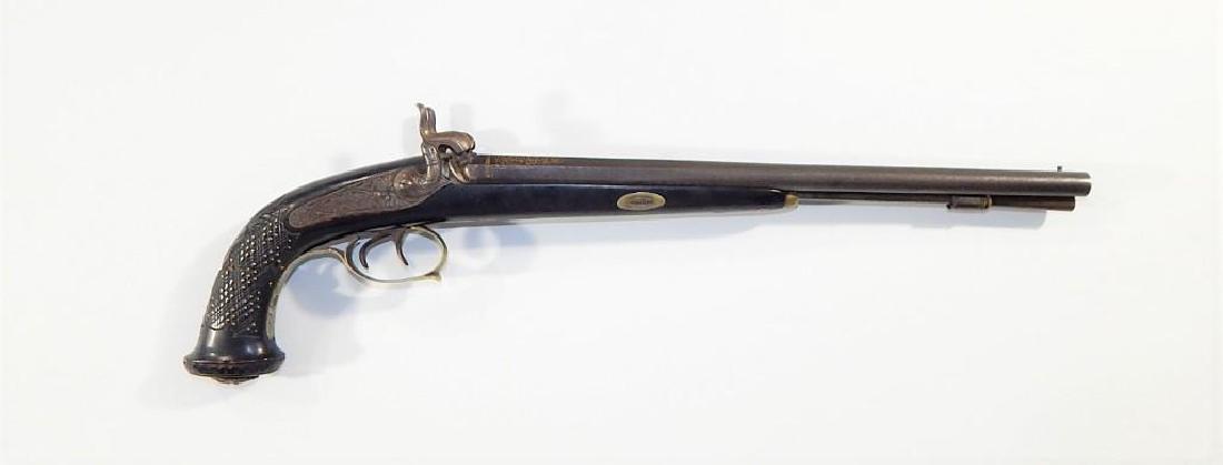 Early 19th Century Belgian Double Barrel Percussion: Circa 1820-1830 Belgian double barrel percussion .30 pistol in dark walnut. Fixed sight, double hammer with double hair triggers. Action is crisp and clean. Beautiful gold inlay to barrel with floral 
