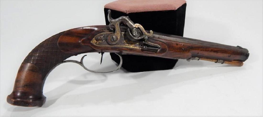Fine Quality 19th Cent. Engraved Gold Inlaid Goellner: .50-caliber, multi-groove rifled, 9 inch barrel. Exquisitely gold inlaid throughout with floral motifs and the maker's name, "Goellner In Suhl" in gothic letters across the top of the barrel. Fin