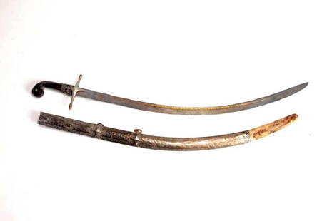 Ottoman Islamic Gold Inlaid Sword: Ottoman Empire, c. 1800 or earlier; A fine Ottoman sword (shamshir), the blade with long fuller to each side, one of which is filled with gold inlay Islamic script. Horn grips. Wood core scabbard