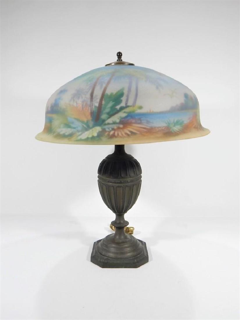 Pairpoint Berkley Treasure Island Table Lamp: Signed Pairpoint to base. Berkley-Bellmont shade. Three socket. Signed to base -D3039. Overall height: 24" , Shade: 19" wide. Fine condition.