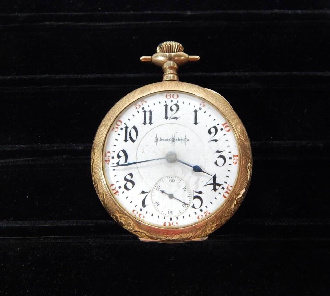 Illinois Watch Co. Bunn Special Open Face Pocket Watch: Railroad grade, gold filled, open face. Serial #2433612.Bunn Special, 23 jewel, adjusted, temperature 6 positions Isochronism, jeweled barrel. Measures: 2.25"
