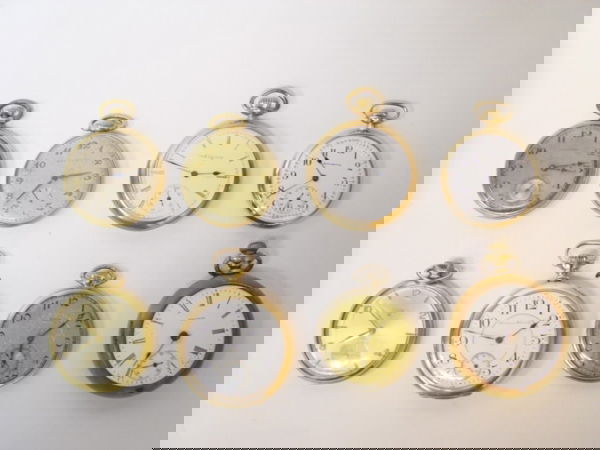 Group of 8 Antique Pocket Watches: A group of 8 vintage pocket watches consisting of: Waltham o/f g/f case (working, crystal missing, brassing to case), Burlington o/f g/f case (working, masonic emblem on case), Elgin o/f g/f case (wor