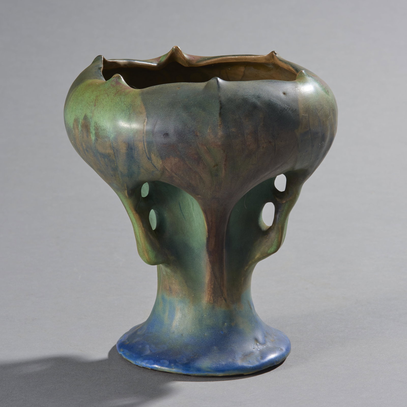 Art Nouveau Amphora, Austria Footed Art Pottery Vase: Art Nouveau Amphora factory Austria footed art pottery vase with a blue-green mottled finish late 19th century marked on base. Excellent condition. Dimensions: 7" H x 6 1/2" Diameter
