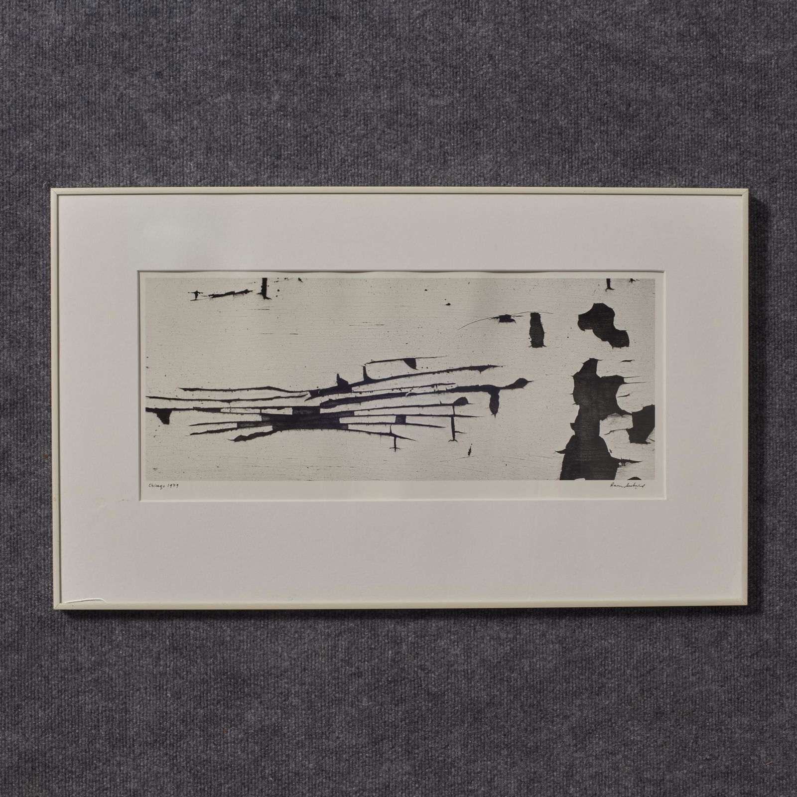 Aaron Siskind (1903-1991) Chicago 1949, Silver Gelatin: Aaron Siskind (1903-1991) Chicago 1949 silver gelatin print. Signed lower right and titled lower left framed. Condition: Glass cracked lower left. Measures: 9" x 22" sight 18 1/4" x 30 1/2" overall