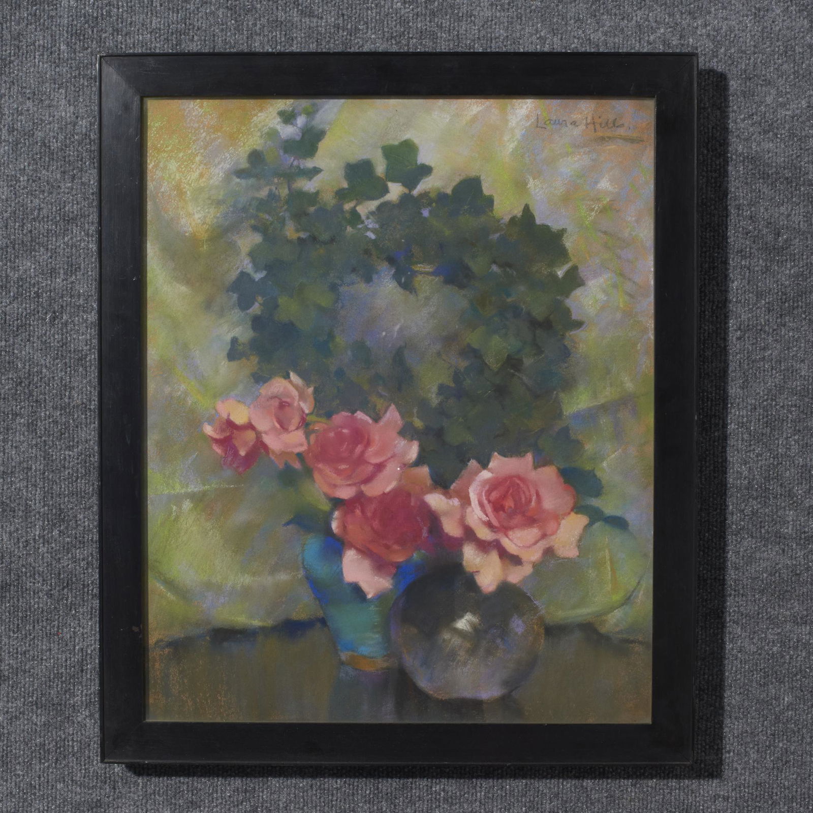 Laura Coombs Hills (1859 - 1952) Pastel On Paper: Laura Coombs Hills (1859 - 1952) Pastel on Paper signed upper right framed. Titled verso: Queen Mary Roses and English Ivy with label from the Guild of Boston Artists. Measures: 21 3/4" x 17 3/4" sigh
