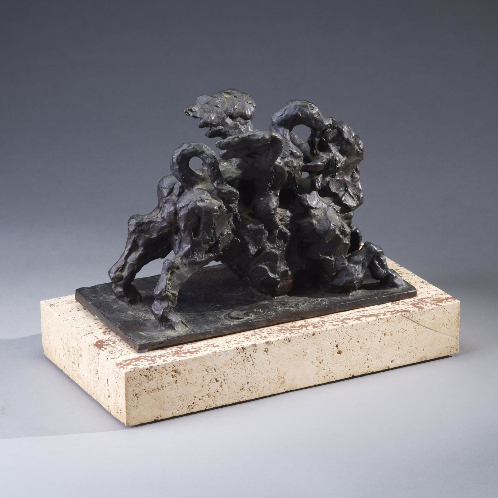Jacques Lipchitz (1891 - 1973) Bronze Brutalist: Jacques Lipchitz (1891 - 1973) Condor & Bull bronze brutalist sculpture signed and numbered 4/7 with travertine base. Dimensions (without base): 7 3/4" H x 11" W x 5" D. Base: 2" x 13" x 7 1/4 Provena