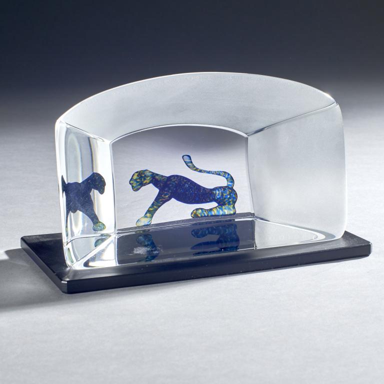 Bertil Vallien for Kosta Boda "Panther": Kosta Boda Glass Sculpture 'Panther' from the Viewpoints series by Bertil Vallien, signed on the bottom: Kosta Boda, B. Vallien 7099572. Complete with black base. Measures: 4 1/2"H x 7 3/4"W x 3"D.
