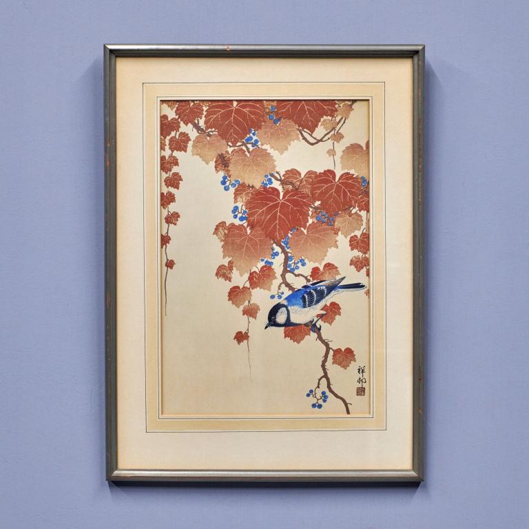 Ohara Koson 'Bird and Red Ivy with Blue Berries': Ohara Koson (1877-1945) 'Tit Bird and Red Ivy with Blue Berries'. Measures: 123 1/2" x 9" sight, 18 3/4" x 12 1/2" overall, framed.