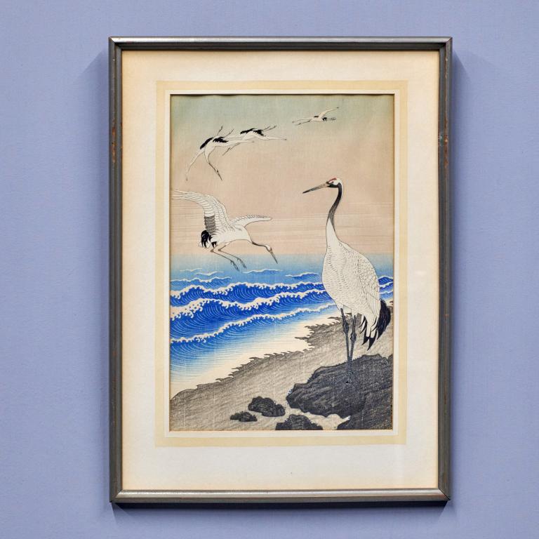 Ohara Koson 'Cranes on Seashore': Ohara Koson (1877-1945) 'Cranes on Seashore'. Measures: 13 1/2" x 9" sight, 18 3/4" x 12 1/2" overall, framed.