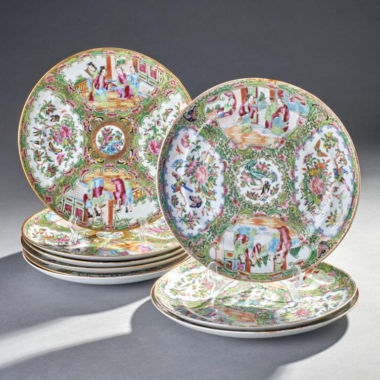 Group of 9 Rose Medallion Dinner Plates, 19th C. (1 of 2)