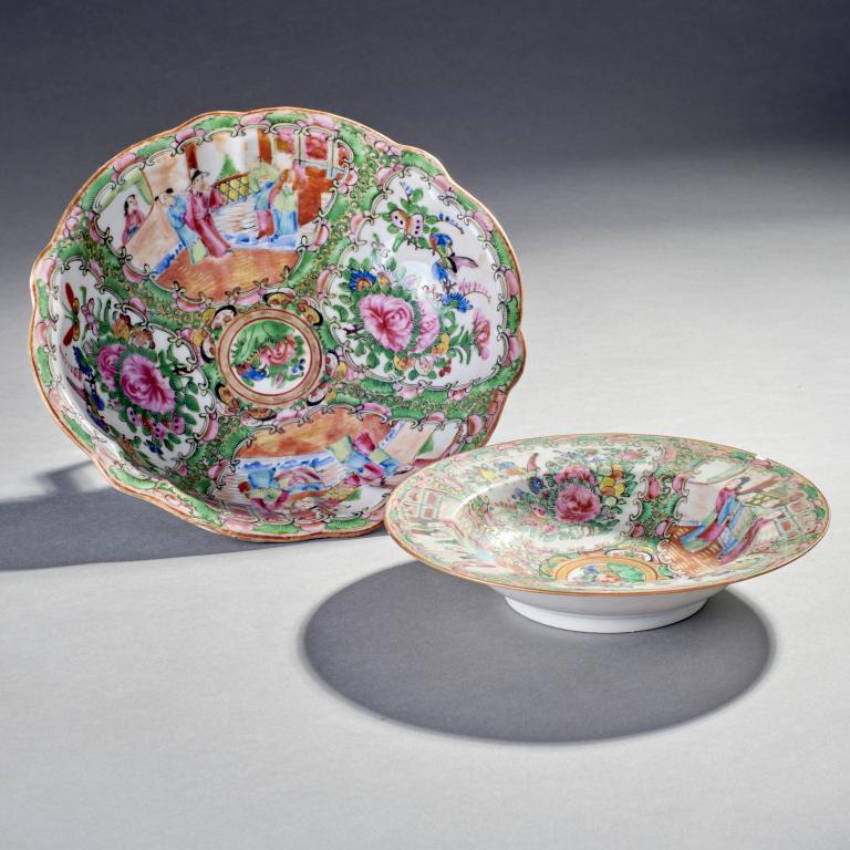 2 Rose Medallion Serving Bowls: 2 Rose Medallion bowls, one serving bowl and one rimmed bowl - possibly for soup or cereal) 19th/ 20th century. Measures: serving bowl - 9" x 9 5/8" x 2 3/8" tall, rim bowl - 7 1/2" across