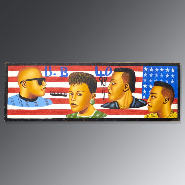 Vintage African UB40 Barber Shop Sign: Vintage African UB40 oil on board Barber shop sign, probably Nigeria. Measures: 16" x 48 1/2"