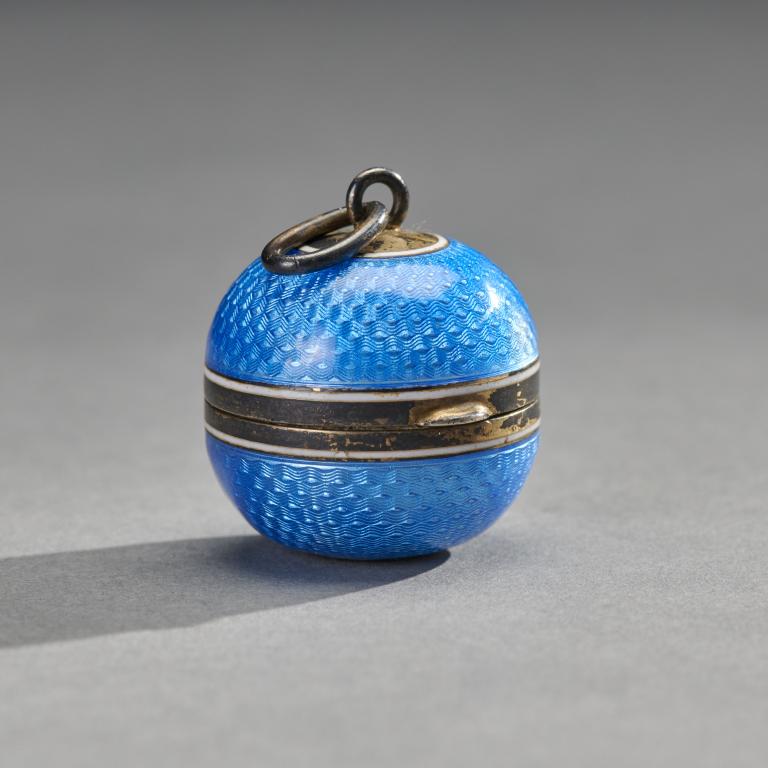 Guilloche Enamel Ball Pendent / Locket: Guilloche Enamel Ball Pendent / Locket, top section with mirror, bottom open with gold wash. Measures: 1" Dia.