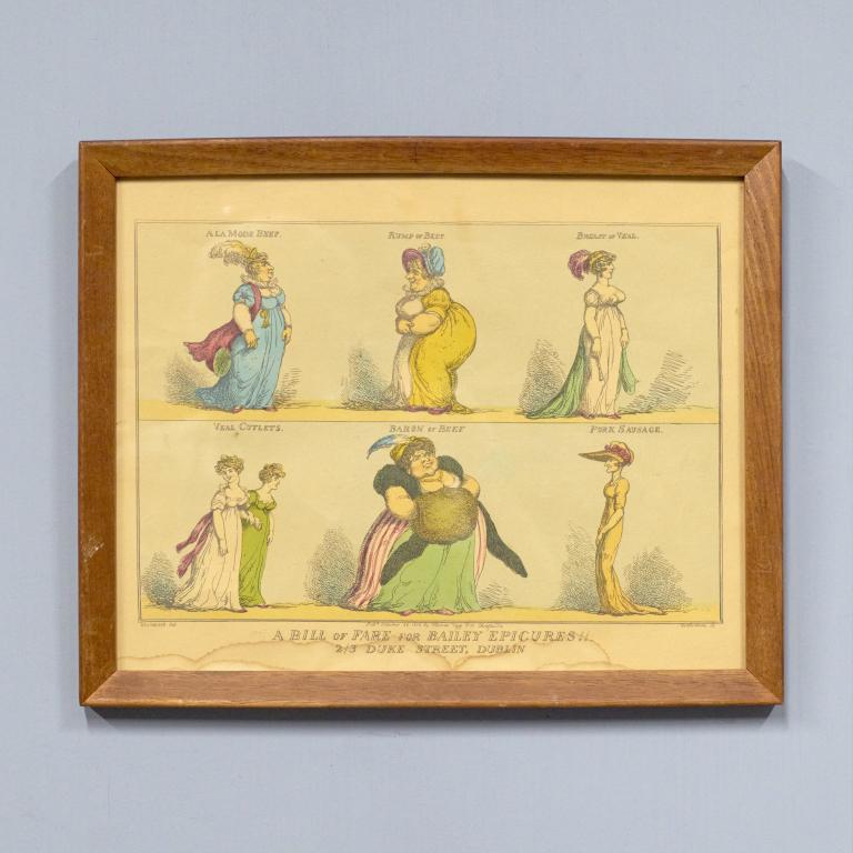 Thomas Rowlandson, 'A Bill of Fare for Bailey Epicures": Thomas Rowlandson, 'A Bill of Fare for Bailey Epicures!!, 2/3 Duke Syreet, Dublin', framed. Measures: 11 1/2" x 13 1/2" sight, 12" x 15" overall.