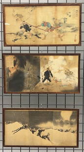 3 Sino-Japanese War Triptychs: 2 Mizuno Toshikata Sino-Japanese War Triptychs, 1895. Group to include: 'Battle of the One Hundred Foot Cliff' and 'Captain Awata'. 1 Kiyochika 'Jinzhou Fortress'. Measures: 15 1/2" x 29 1/2" overall,