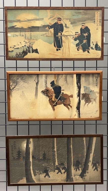 3 Kiyochika Sino-Japanese War Triptychs: 3 Kobayashi Kiyochika Sino-Japanese War Triptychs, 1895. Group to include: 'Troops at Weihaiwei', 'Night Patrol' and 'Battle in Snow Near Niu-chuang'. Measures: 15 1/2" x 29 1/2" overall, 14" x 28" si