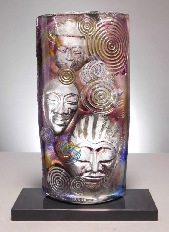 Susan Gott Art Glass Sculpture for Phoenix Studio: Susan Gott art glass sculpture of faces for Phoenix Studio. Measures: 15 1/2" x 7 3/4" x 2" without base.