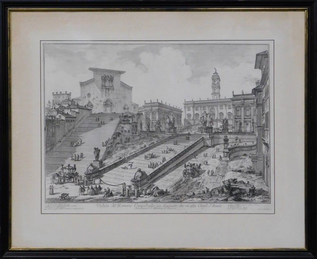 Rare Piranesi 'Views of Rome' Engraving: Giovanni Battista Piranesi (Italy 1720 -1788) 'Views of Rome' 18th century engraving 'Venduta del Romano Campidoglio con Scalinata che va' alla Chiefa d'Araceli'. Labeled verso Sears/ Vincent Price Co