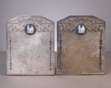 Heintz Sterling on Bronze Bookends, Circa 1912: Heintz Art Metal Shop sterling silver on bronze bookends with Art Nouveau decoration and jasper ware (possibly Wedgwood), circa 1912. Measures: 5 3/4" H x 4 1/2" W x 4 1/8" D.