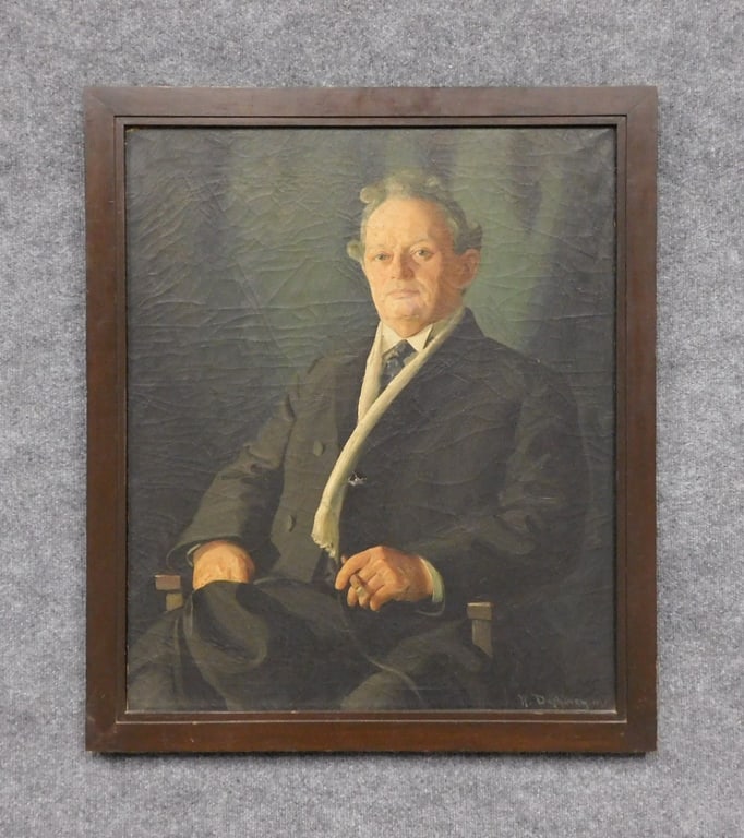 Oil on Canvas Portrait of a Gentleman with Cigar: Oil on Canvas Portrait of a Gentleman with a Cigar, framed. Signed: W. Duphiney, labeled verso: Todd Judge (Moses D. Duphiney) by Wilfred E. Duphiney 1921, To Lillie from Uncle Bill. Measures: 31&rdqu