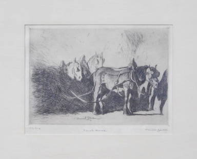 French Horses by Daniel Garber, Dry Point Etching: French Horses by Daniel Garber (1880 - 1958) framed dry point etching 1924. Pencil signed and titled. Measures: 5 1/2" x 7" (sight) 15 1/2" High x 18 3/4" Wide (overall).