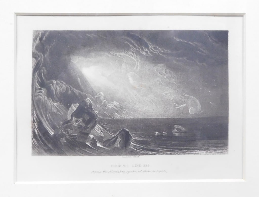 John Martin Mezzotint "The Creation of Light": John Martin (English 1789 - 1854) mezzotint: Paradise Lost 'The Creation of Light', Book VII Line 339. Framed and matted. Measures: 5" x 7" sight, 12" x 13 1/2" overall.