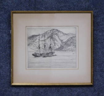 Charles H Woodbury 'St. Thomas' Etching: Charles Herbert Woodbury (1864 - 1940) 'St. Thomas' artist's proof etching, pencil signed lower left, titled verso, framed and matted. Measures: 9 1/2" x 11 1/2" sight, 16" x 18" overall.