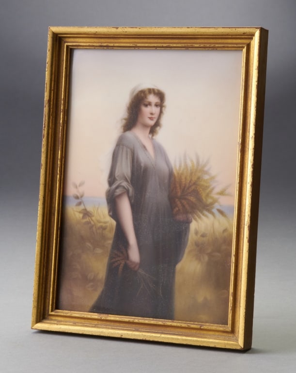 Painted Porcelain Plaque, Berlin: Painted Porcelain Plaque of Ruth after Charles Zacharie Landelle, framed. 19th century, Berlin, Germany. Labeled verso: CH. H. Schuh Interlaken. Measures: 5" x 7" plaque, 5 3/4" x 7 3/4" overall.