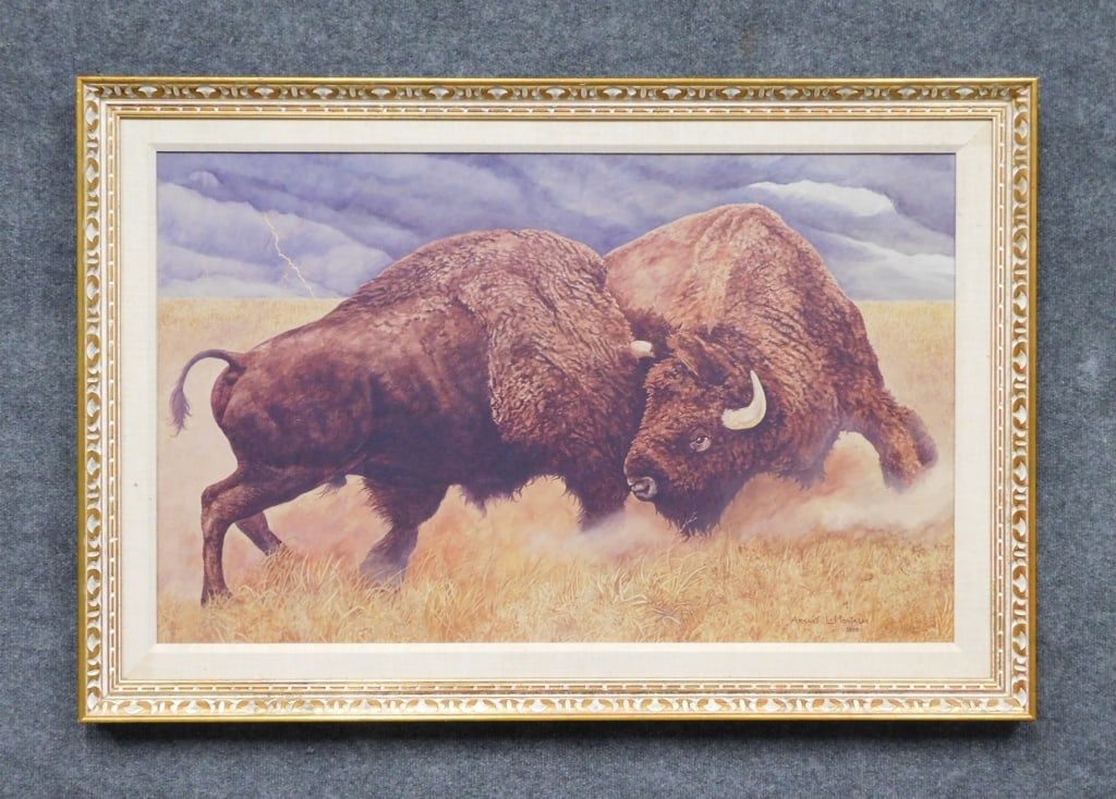 Armand La Montagne Lithograph on Canvas of Bison (1 of 3)