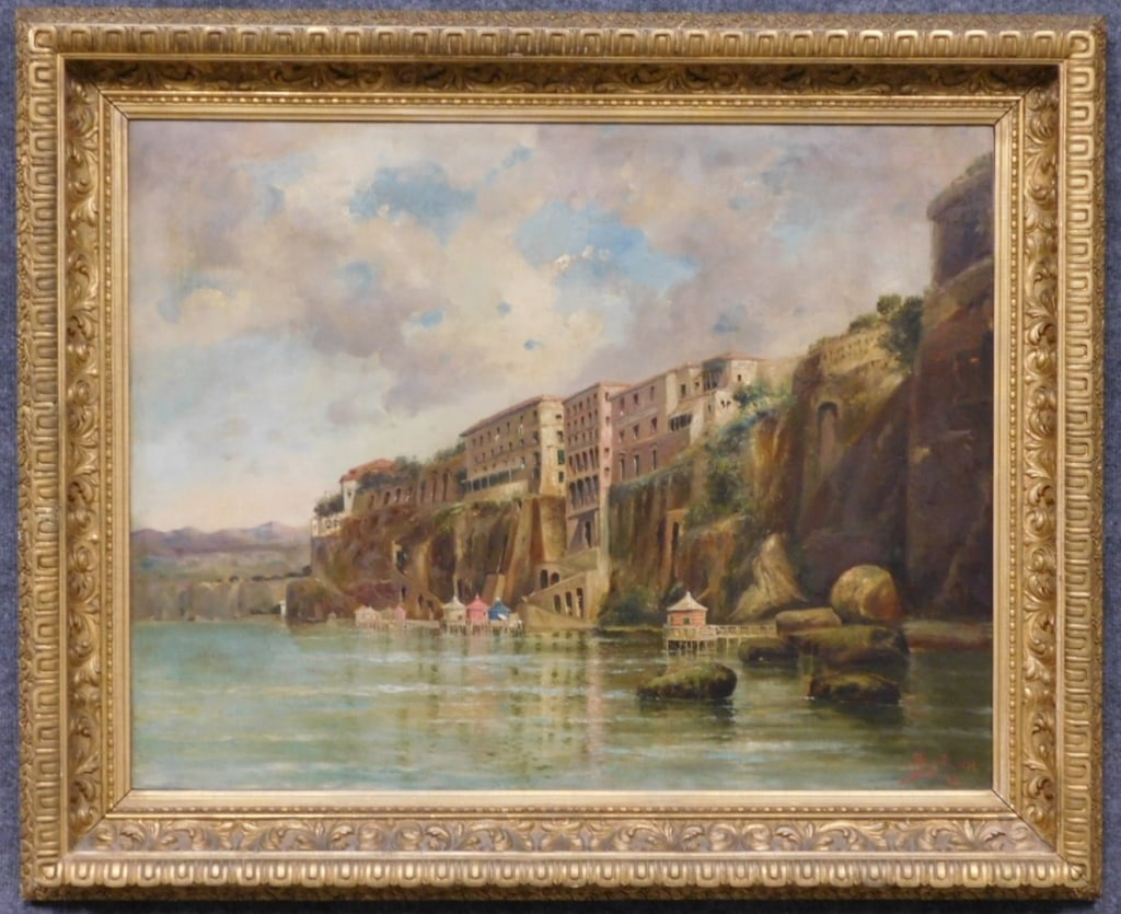 Nicholas Briganti Oil on Board, Sorrento: Nicholas Briganti (1861 - 1944 Italy) Oil on board of Sorrento, Italy featuring the Hotel Tasso overlooking the Mediterranean Sea, signed and dated lower right, 1894 . Complete with a carved deep well