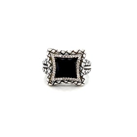 SK Sterling Silver Onyx & Diamond Ring