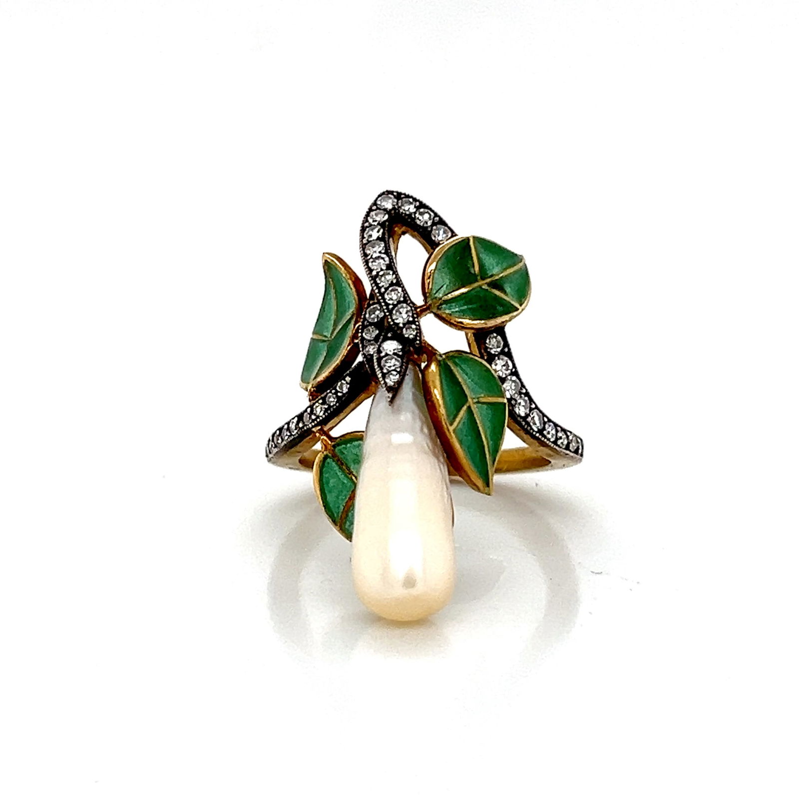 Art Nouveau 18k Diamond & Pearl Plique-a-Jour Enamel Ring (1 of 4)
