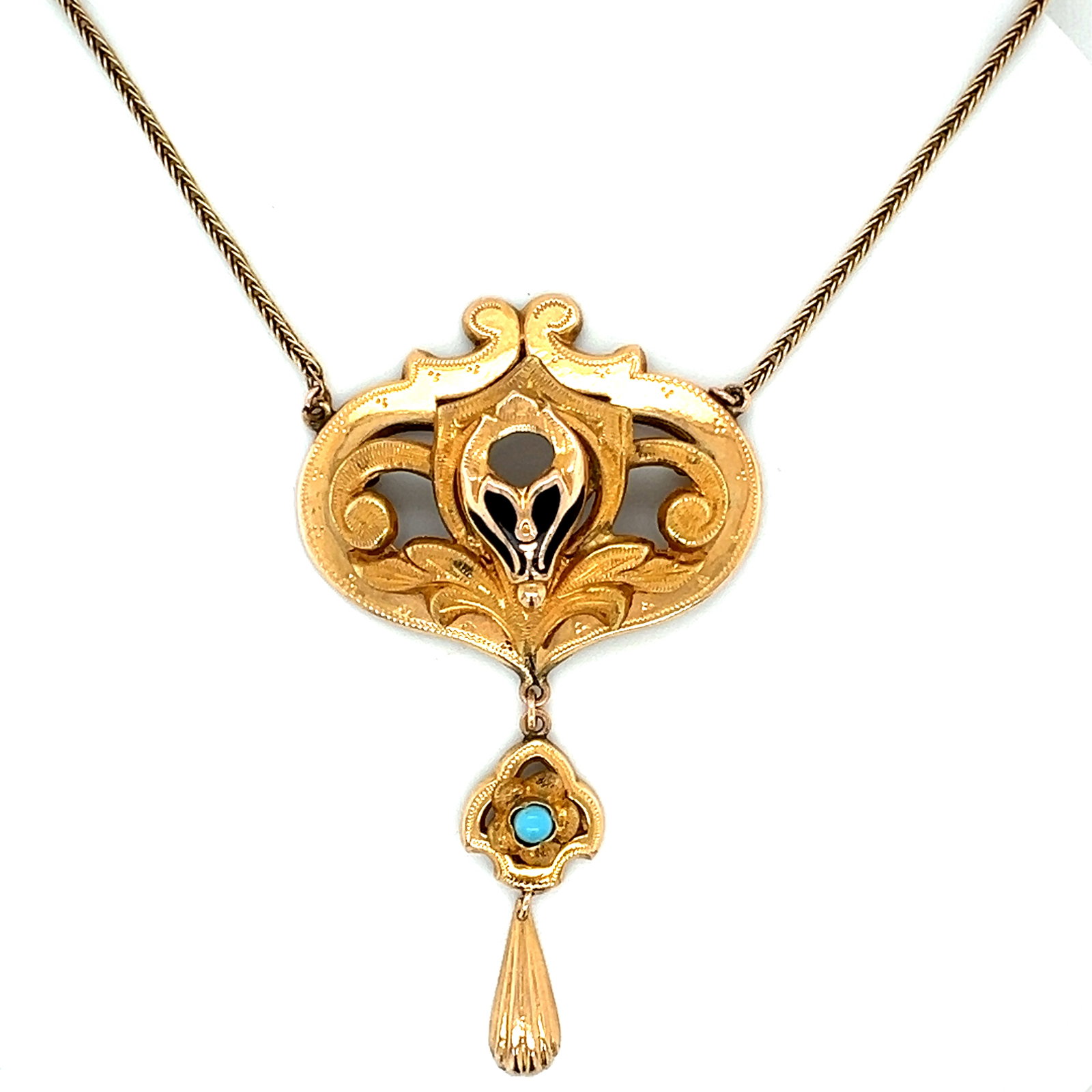 Art Nouveau 9k Gold Onyx & Turquoise Necklace: Art Nouveau 9k yellow gold necklace, pendant with black enamel and turquoise Weight: 11.8g Length: 15.8 inch Chain Width: 1.6mm Pendant: -75.6x46.2mm