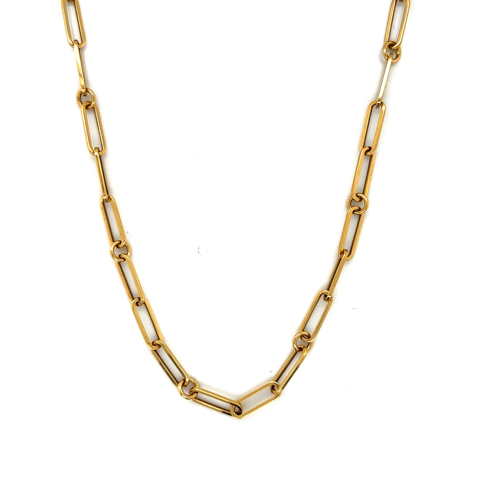 Roberto Coin 18k Gold Paperclip Chain Necklace: A stunning Roberto Coin 18k yellow gold paperclip link chain necklace. This exquisite piece features the signature paperclip links that add a touch of modern elegance to any outfit. The necklace is li