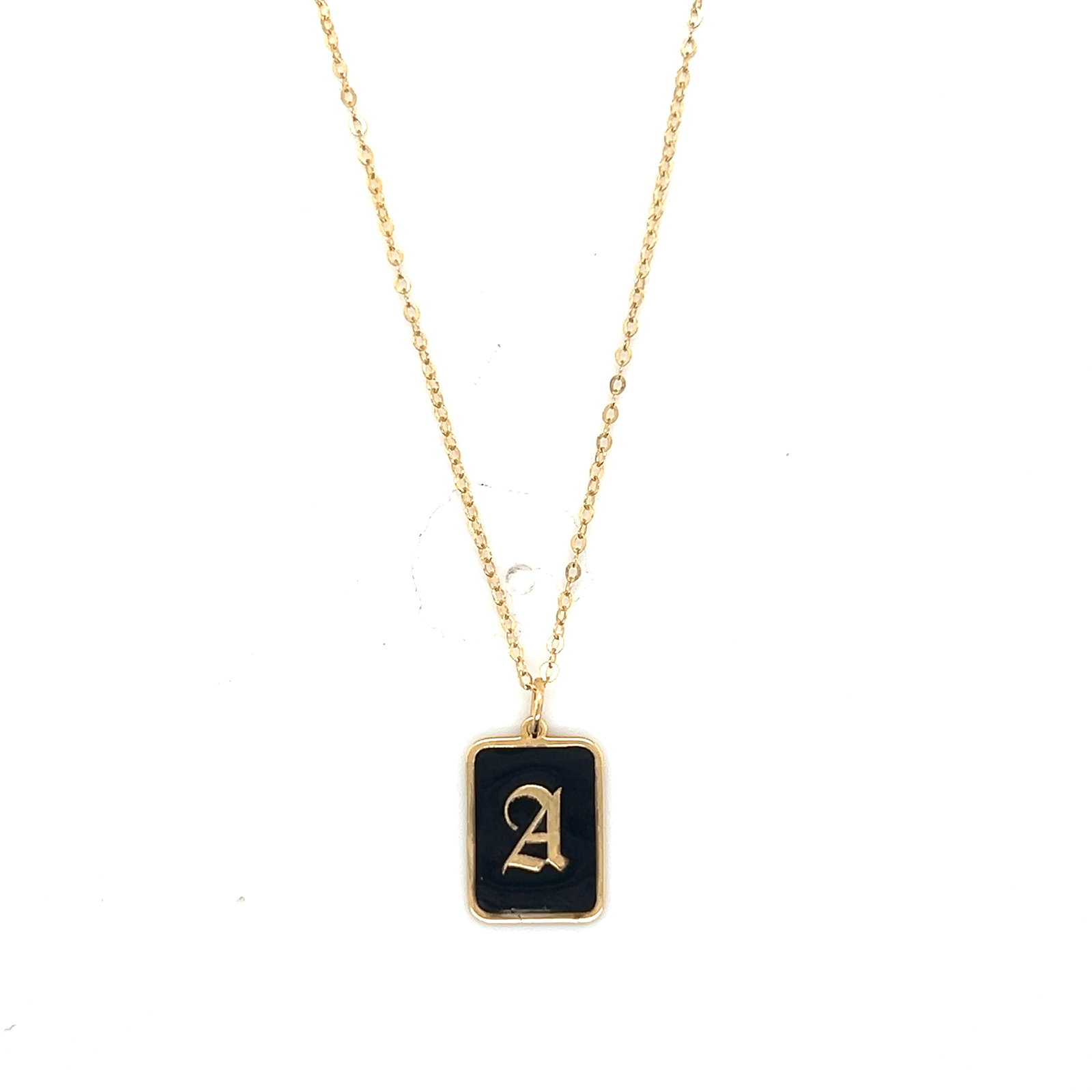 14k Gold and Onyx Initial "A" Necklace: 14k yellow gold and onyx initial "A" pendant on a cable link chain Weight: 1.2g Length: 18'' Chain Width: 0.9mm Pendant dimensions: 12x8.9mm 