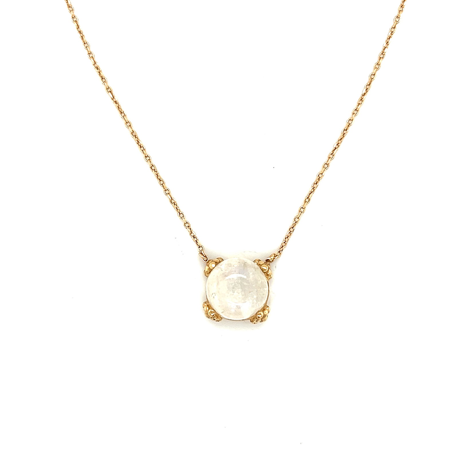 Anzie 14k Dew Drop Moonstone Necklace: Anzie Dew Drop mini cluster necklace in 14k yellow gold with a cabochon moonstone Weight: 3g Length: 14.2'' Width: 0.5mm Pendant: 10mm 