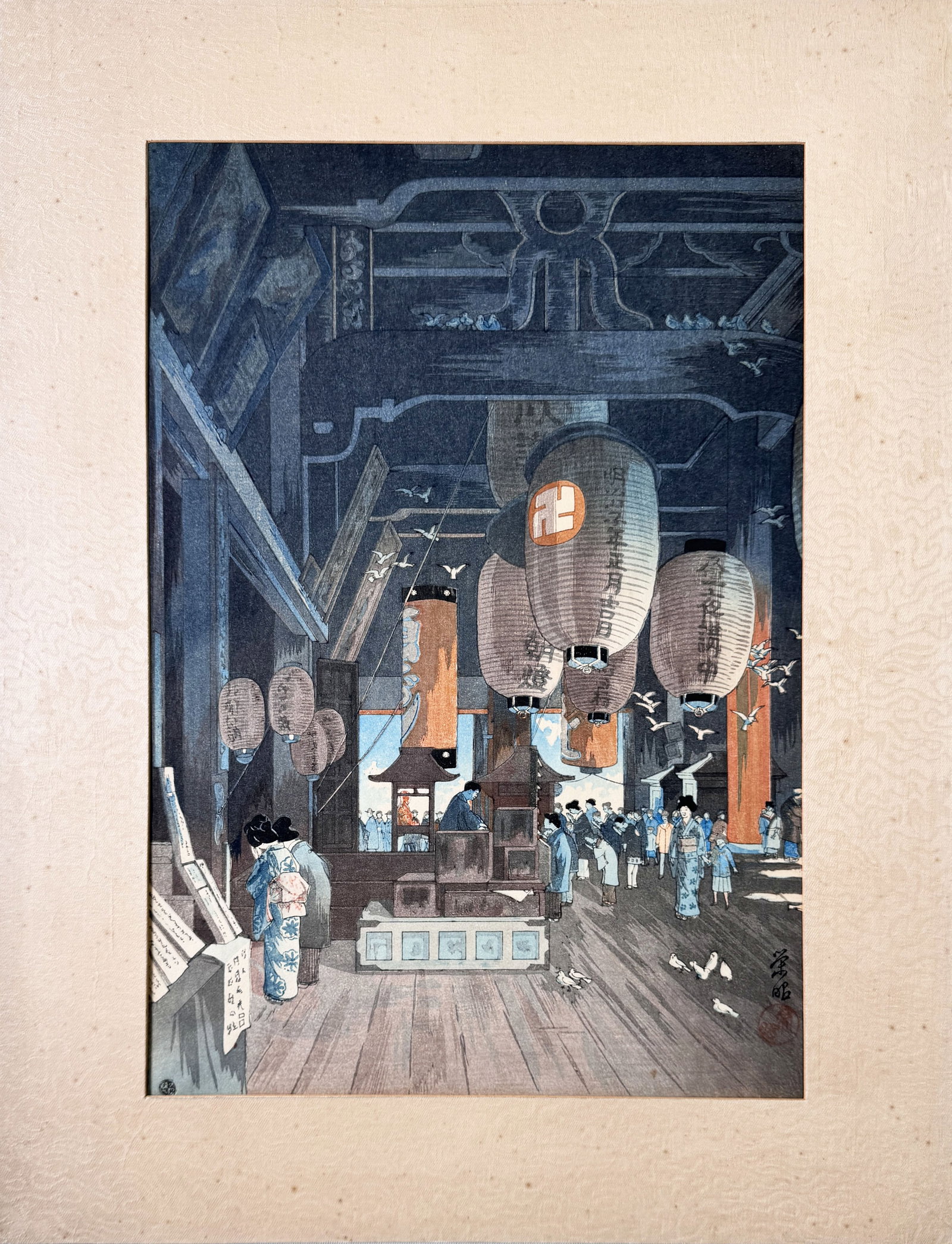 Interior of the Kannon Temple at Asakusa, Narazaki Eishô: "Interior of the Kannon Temple at Asakusa" woodblock print by Narazaki Eishô (Japanese, 1864-1936), 1932. Publisher: Watanabe Shôzaburô Dimensions: Hei