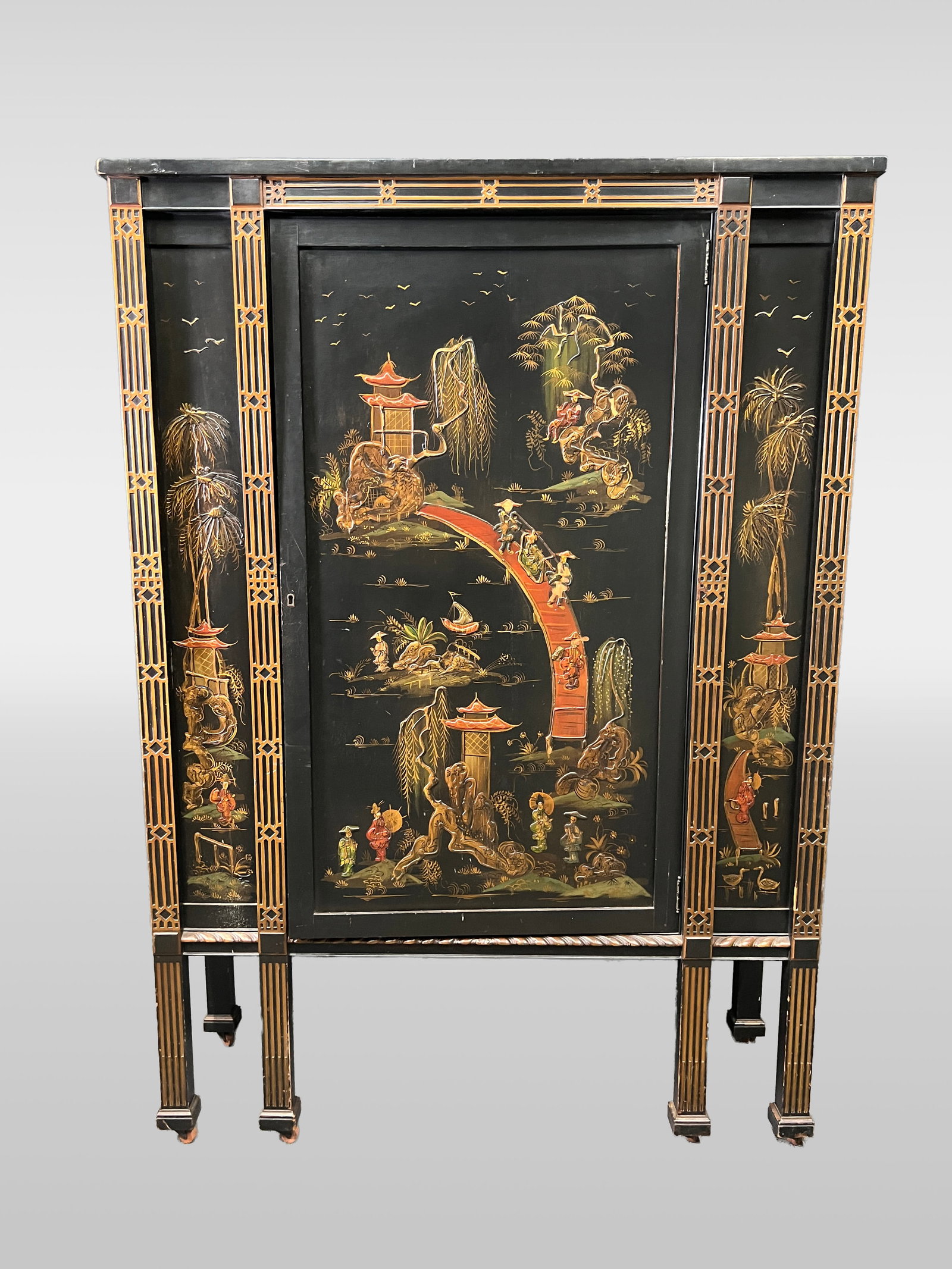 Chinoiserie Black Lacquer Cabinet: Chinoiserie black lacquer cabinet, single door to reveal mirror backed shelved interior. 66" x 43" x 15"