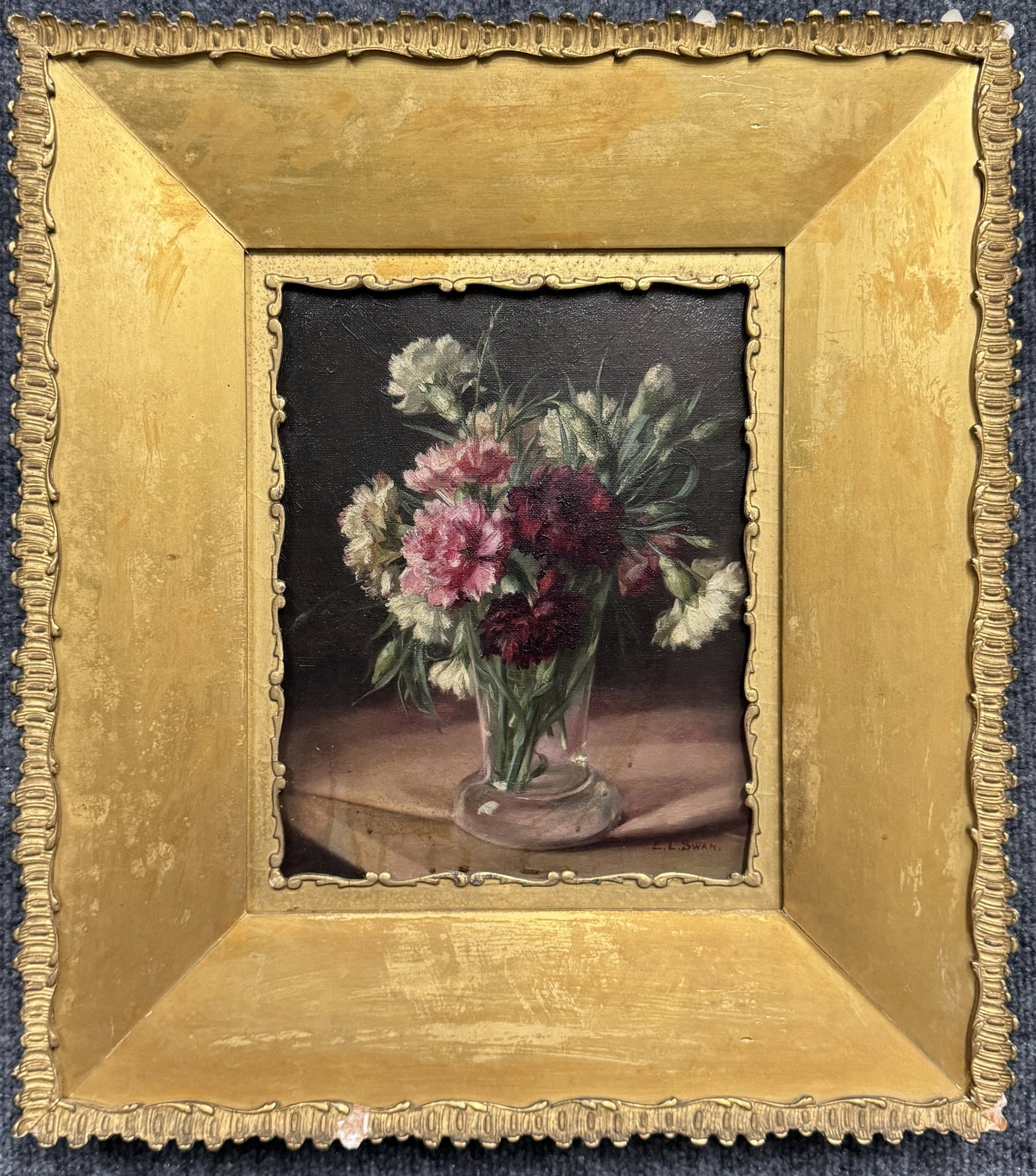 Still Life Painting by Emma Levinia Swan: Oil on canvas still life painting by Emma Levinia Swan (1853-1927). Noted on back as previously owned by Alfred H. Littlefield - Governor of Rhode Island (1880-1883). Sight Dimensions: 10" x