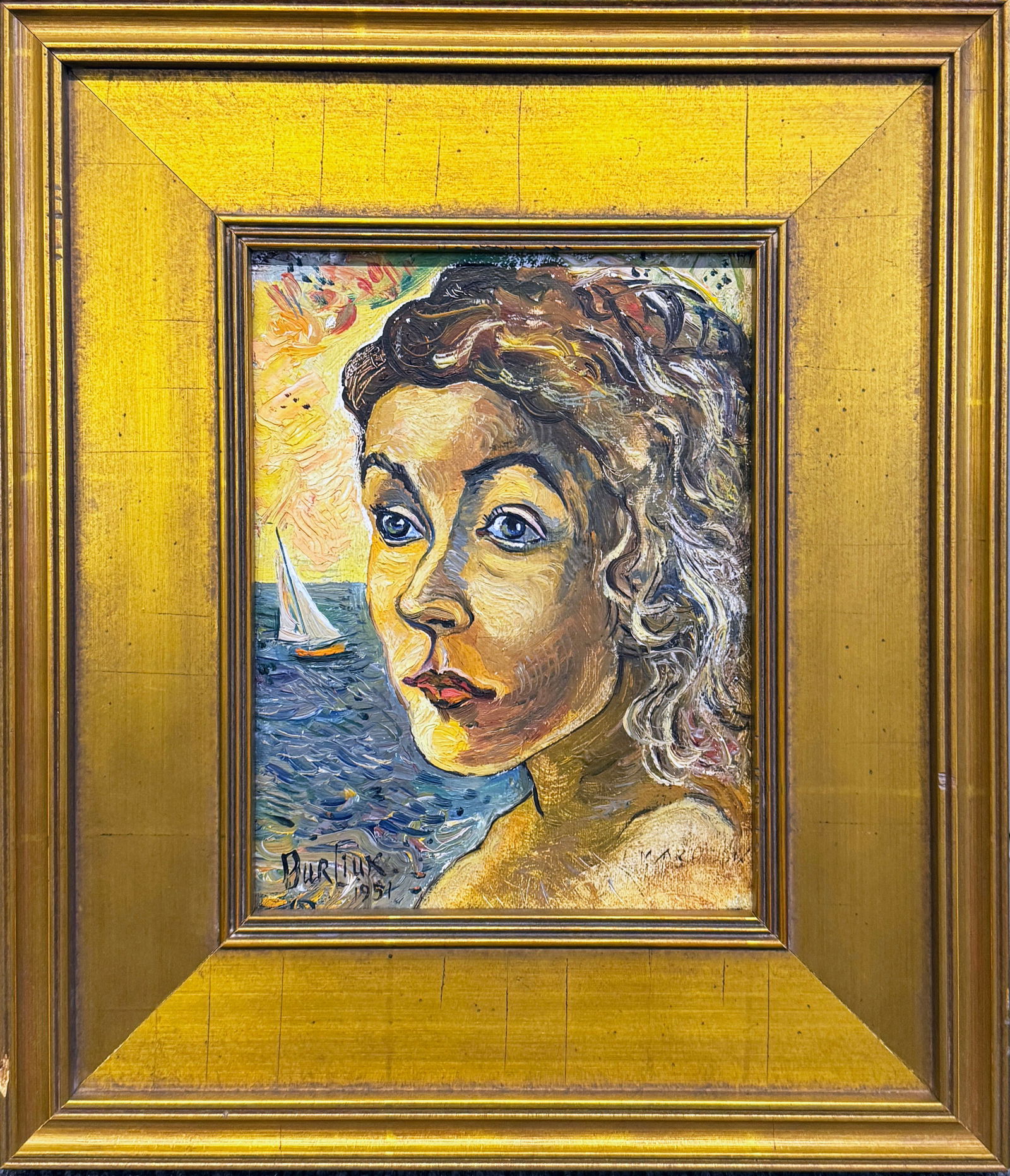 Oil on Panel by David Burliuk: Oil on panel painting by David Davidovich Burliuk (Ukrainian, 1882-1967), 1951, signed lower left. Sight: 8" x 6" Frame: 14" x 12"