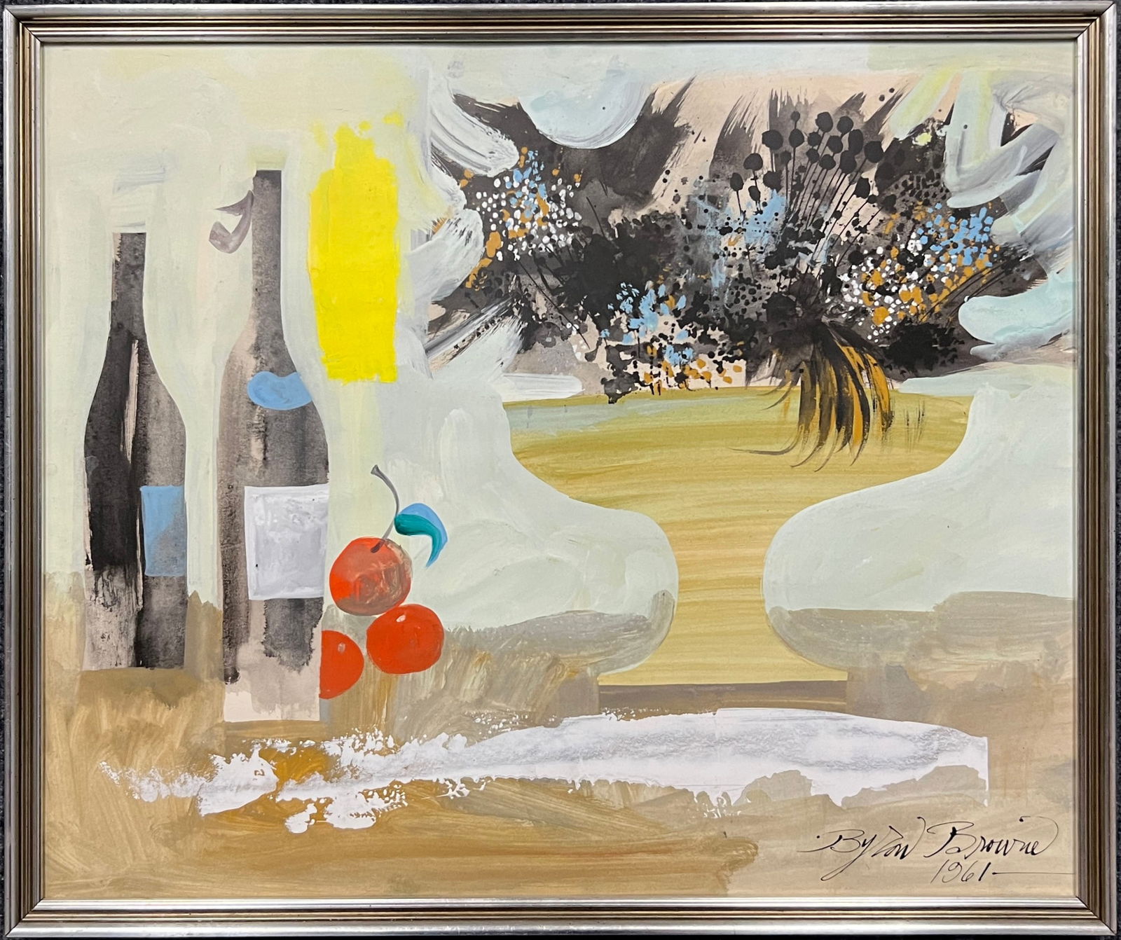 Still Life Painting by Byron Browne, 1961: Oil on panel still life painting by (George) Byron Browne (1907-1961), signed and dated 1961, lower right. Dimensions: 20" x 24", framed: 21" x 25" 