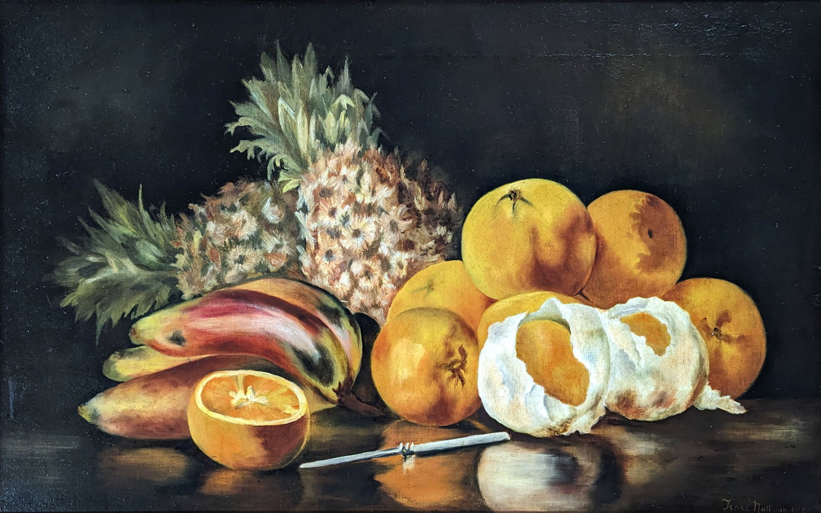 Rare Isaac Nuttman, Folk Art Still Life: Isaac Nuttman (1801-1872) Oil on canvas folk art still life, signed lower right: Isaac W. Nuttman 1863, framed. Measures: 13 1/2" x 21 1/2" sight, 22" x 30" overall.
